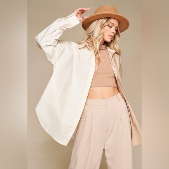 White & Tan Color Block Oversized Button Down Cotton - Picture 2 of 7